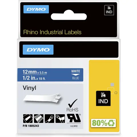 Dymo RHINO taĹ›ma winylowa 12 mm biaĹ‚a na niebieskim